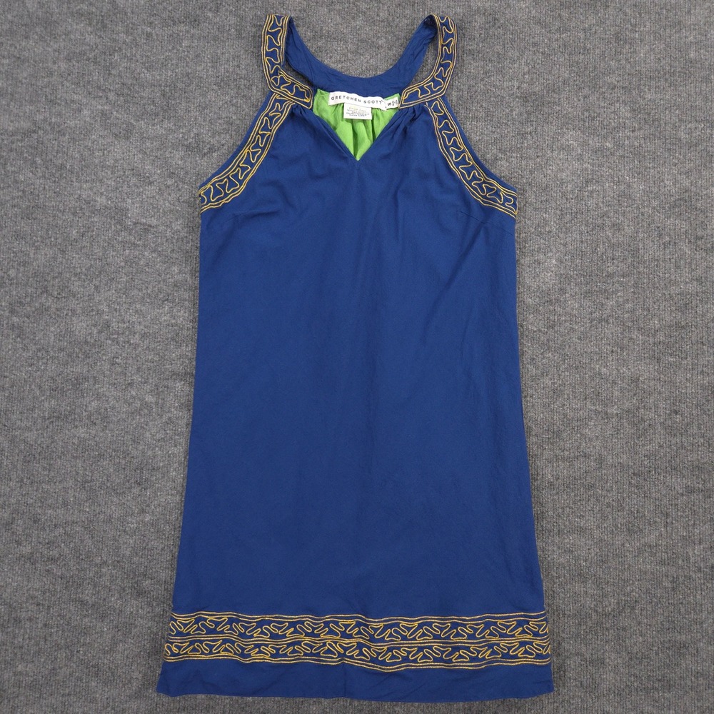 Gretchen Scott Dress Womens S Blue Gold Embroidered Accent Shift Tank Mini Lined